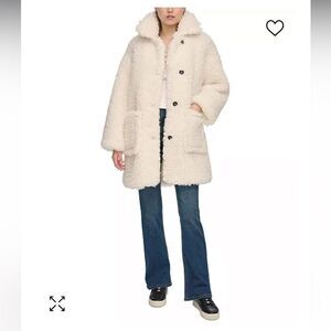 DKNY Button Front Sherpa Teddy Bear Jacket, In Cream White Size Large, NWT